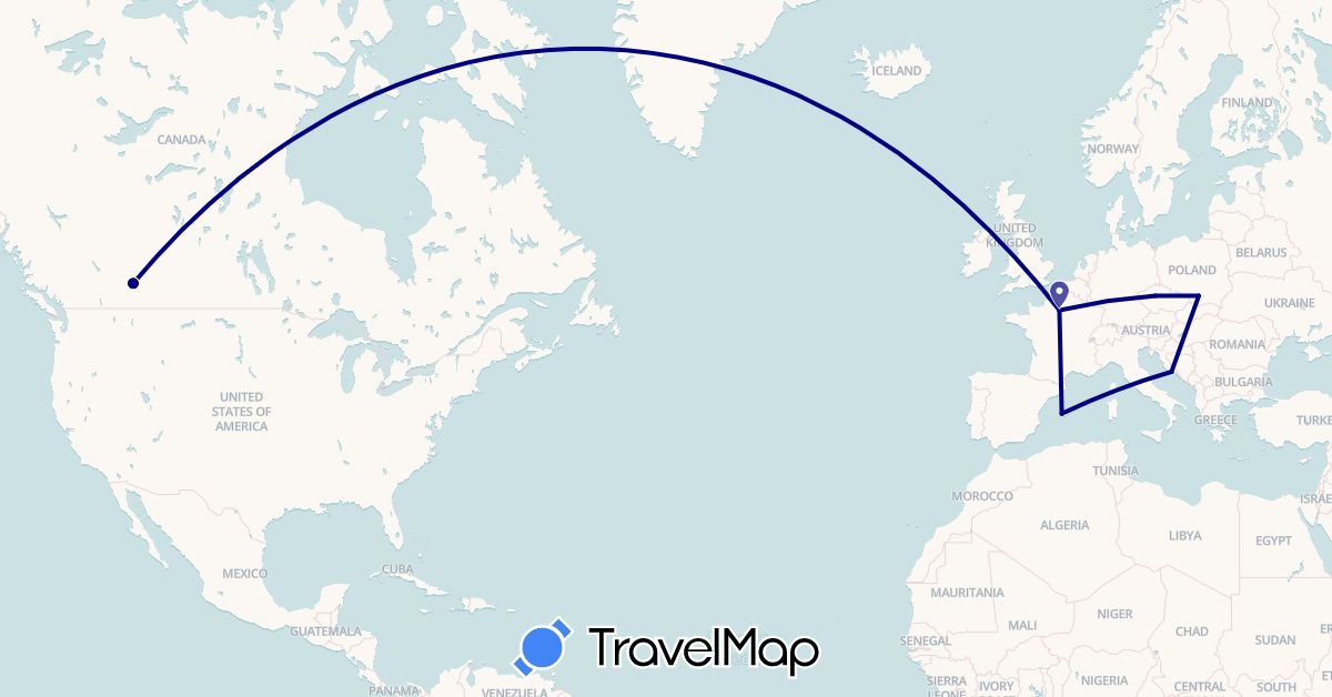 TravelMap itinerary: driving in Canada, Czech Republic, Spain, France, Croatia, Poland (Europe, North America)